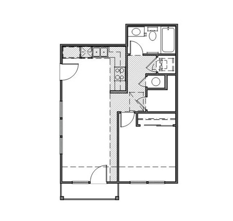 Floor plan for 1 bed, 1 bath, 663 sqft